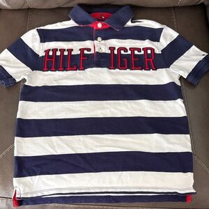 Tommy Hilfiger Navy & White Striped Polo with Red Lettering